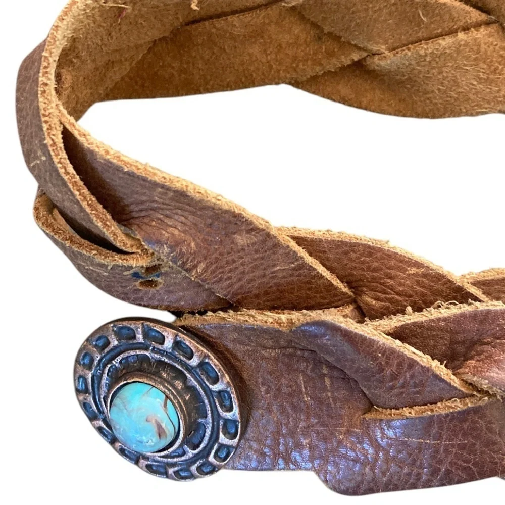 Vintage Y2K BEBE Brown Braided Leather Studded Faux Turquoise Southwest Belt M/L